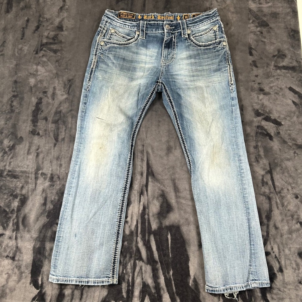 Rock Revival Mike Relaxed Straight Jeans Mens 36 Blue Light Wash Distressed